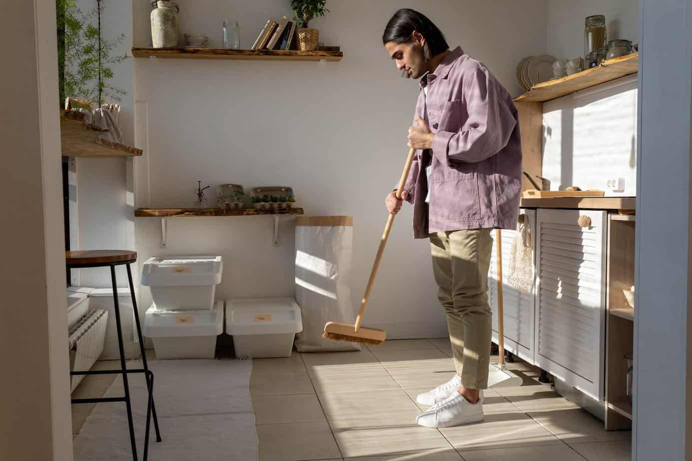 12-month cleaning calendar | Deep Cleaning Floors - a man sweeping the kitchen floor